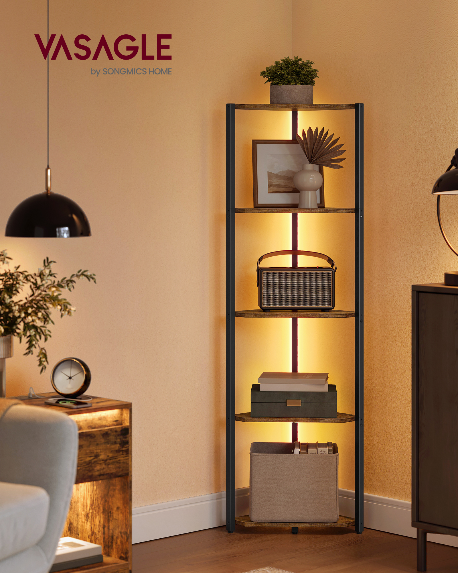 Bookshelf 5 Tier - VASAGLE Corner Shelf Stand with LED