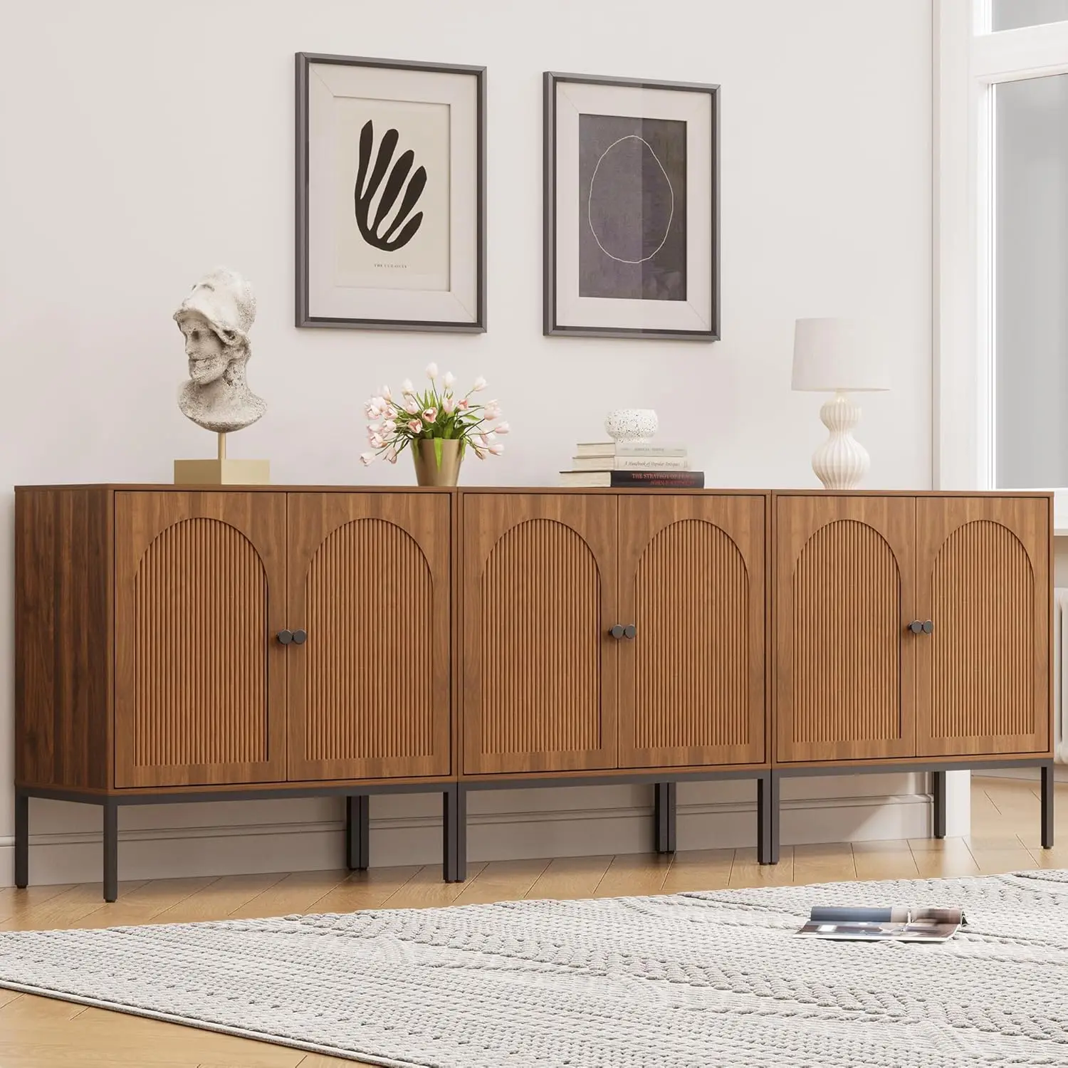 Credenza Office Storage - Set Of 3 Walnut Sideboard Cabinet